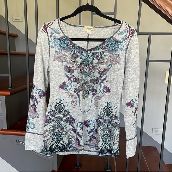 One World Grey Long Sleeve Top Blue Purple Paisley Studs Boho Casual size small - Picture 3 of 15